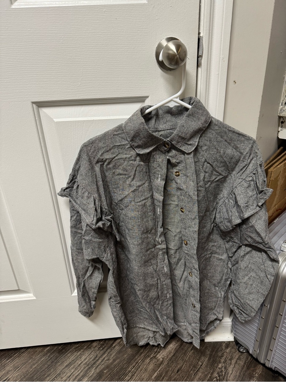 Gray Ruffle Sleeve Button Front Blouse
